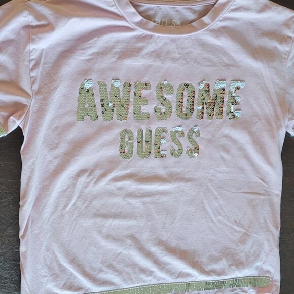 Light Pink Size 12 Guess Shirt Girls with "AWESOME GUESS" Logo Glittery - Picture 1 of 6